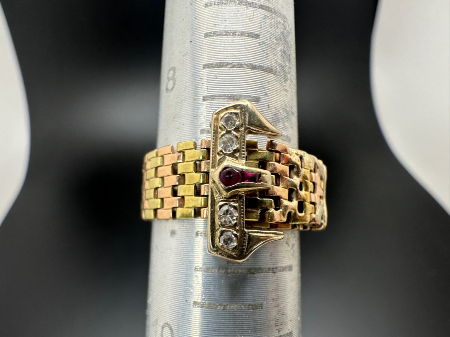 Vintage 14K Gold Diamond And Ruby Mesh Buckle Ring (4) Single Cut Diamonds SI1, G-H Color Est. .10cttw Size 9 7.2g Retails $2,400 [Photo 11]