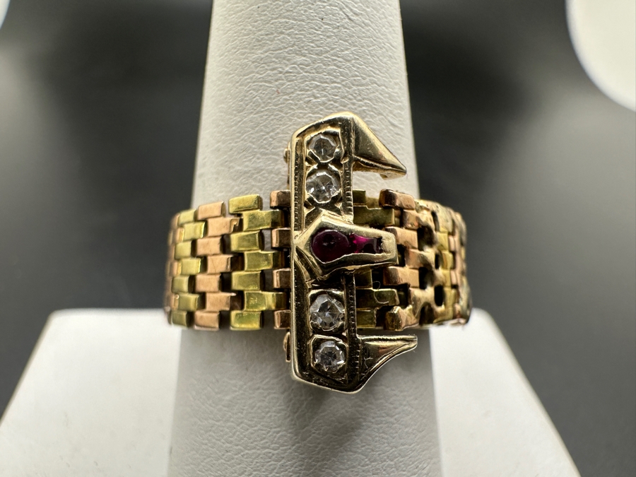 Vintage 14K Gold Diamond And Ruby Mesh Buckle Ring (4) Single Cut Diamonds SI1, G-H Color Est. .10cttw Size 9 7.2g Retails $2,400 [Photo 2]