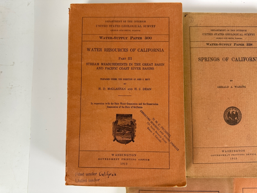 (5) Antique Paperback Books The Department Of The Interior United States Geological Survey: Water Resources Of CA Part III, Springs Of CA, SoCal Floods Of Jan 1916, Desert Watering Places In SoCal & Ground Water In Temecula Basins With Maps [Photo 2]