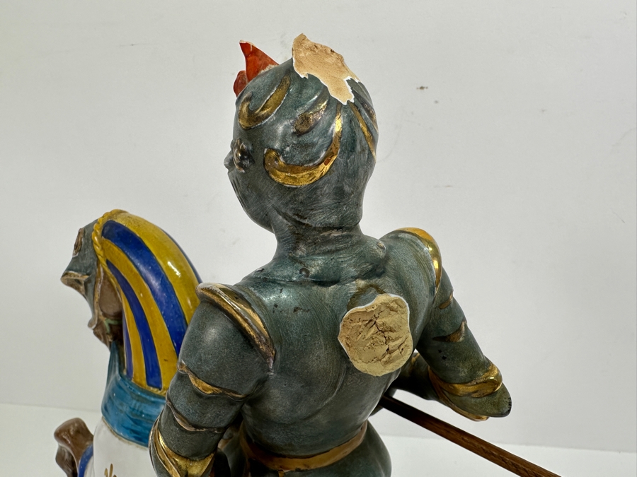 Hand Painted Italian Ceramic Knight Riding Horse Sculpture Signed Underneath Has Been Repaired With Damage - See Photos 15W X 4.5D X 12H [Photo 6]