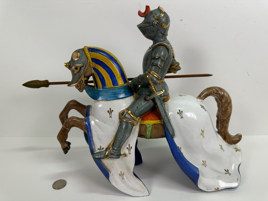 Hand Painted Italian Ceramic Knight Riding Horse Sculpture Signed Underneath Has Been Repaired With Damage - See Photos 15W X 4.5D X 12H [Photo 5]