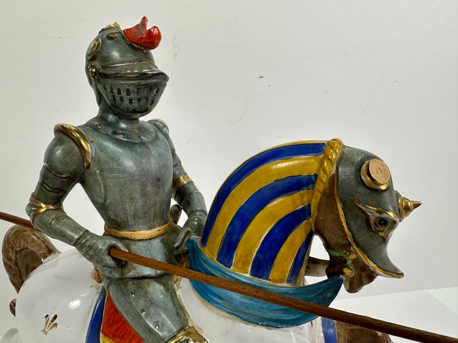 Hand Painted Italian Ceramic Knight Riding Horse Sculpture Signed Underneath Has Been Repaired With Damage - See Photos 15W X 4.5D X 12H [Photo 3]
