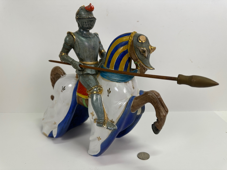Hand Painted Italian Ceramic Knight Riding Horse Sculpture Signed Underneath Has Been Repaired With Damage - See Photos 15W X 4.5D X 12H [Photo 2]