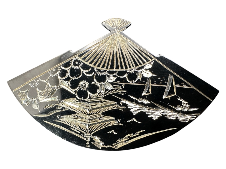 Etched Silver Fan Pin Brooch 10.7g