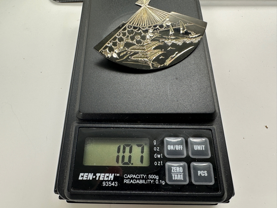 Etched Silver Fan Pin Brooch 10.7g [Photo 4]