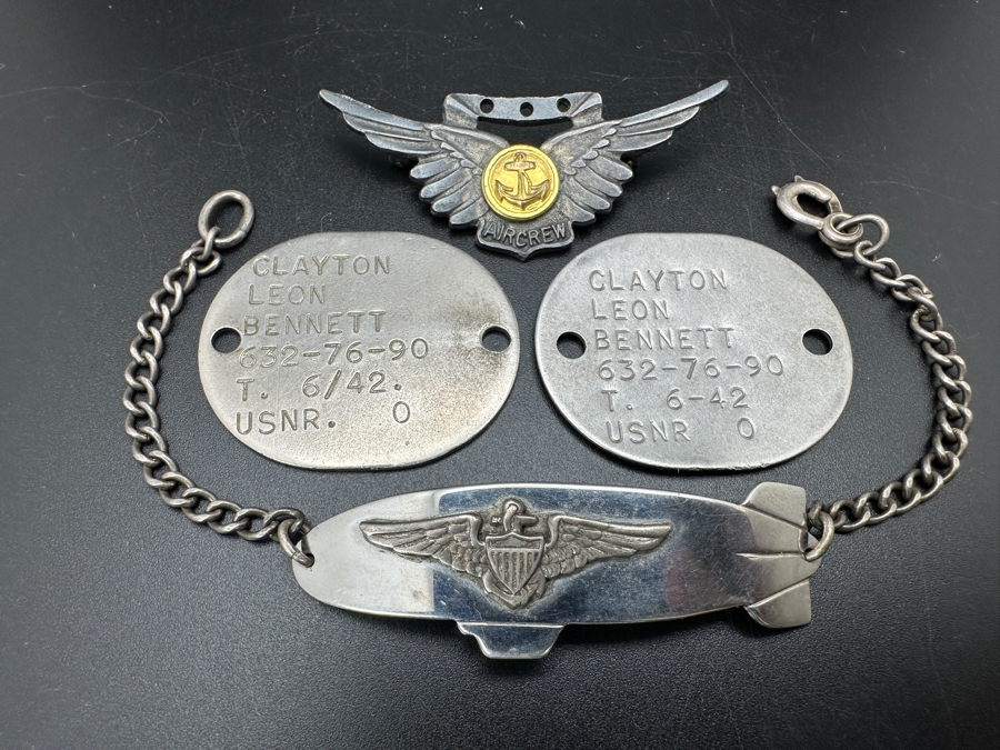 WWII Sterling Silver USN Navy Wings Aircrew Pin, WWII USN Wings Air Ship Zeppelin Military ID Engraved C. L. Bennett & Pair Of WWII Clayton Leon Bennett 1942 USNR Dog Tags [Photo 3]