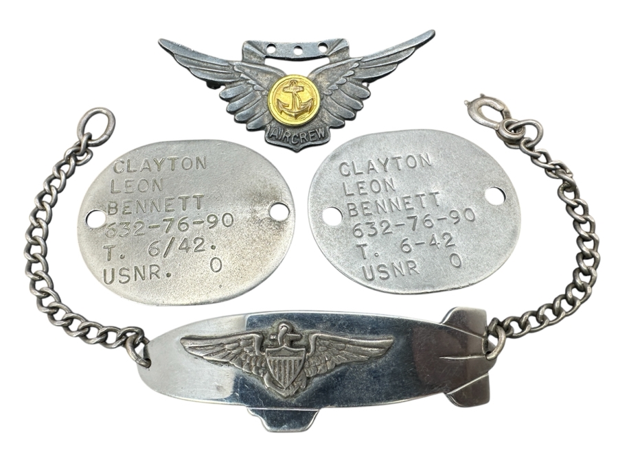 WWII Sterling Silver USN Navy Wings Aircrew Pin, WWII USN Wings Air Ship Zeppelin Military ID Engraved C. L. Bennett & Pair Of WWII Clayton Leon Bennett 1942 USNR Dog Tags [Photo 1]