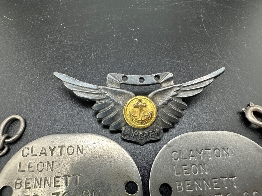 WWII Sterling Silver USN Navy Wings Aircrew Pin, WWII USN Wings Air Ship Zeppelin Military ID Engraved C. L. Bennett & Pair Of WWII Clayton Leon Bennett 1942 USNR Dog Tags [Photo 4]