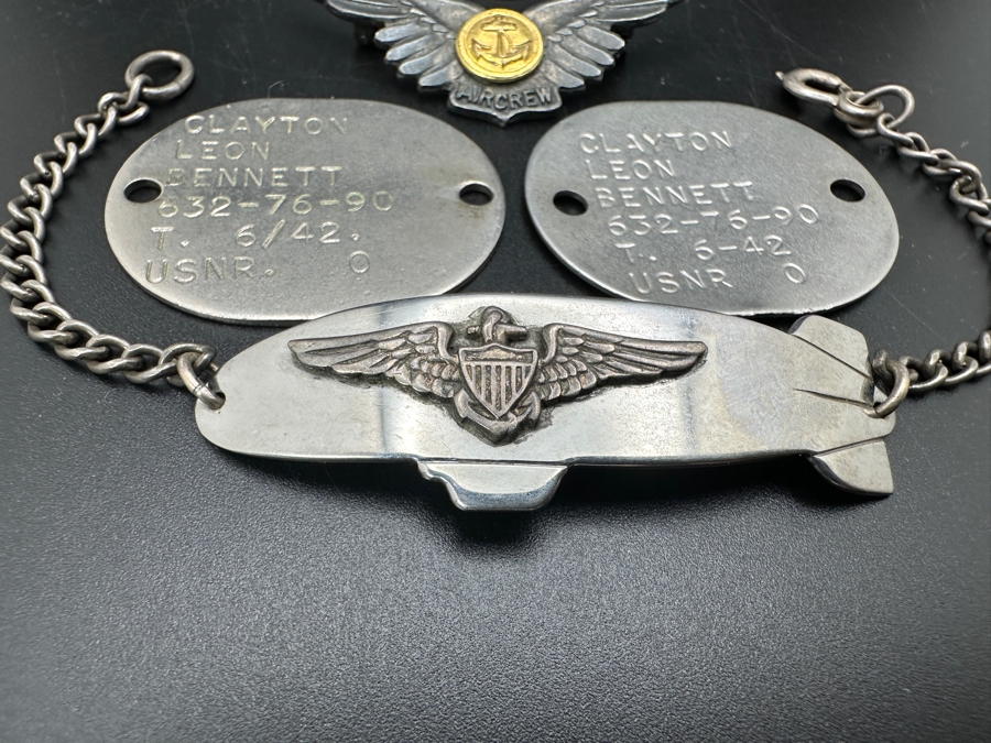 WWII Sterling Silver USN Navy Wings Aircrew Pin, WWII USN Wings Air Ship Zeppelin Military ID Engraved C. L. Bennett & Pair Of WWII Clayton Leon Bennett 1942 USNR Dog Tags [Photo 2]