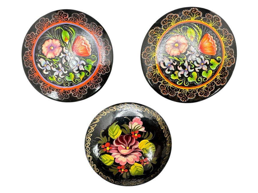 Three Hand Painted Russian Enamel Brooches Pins