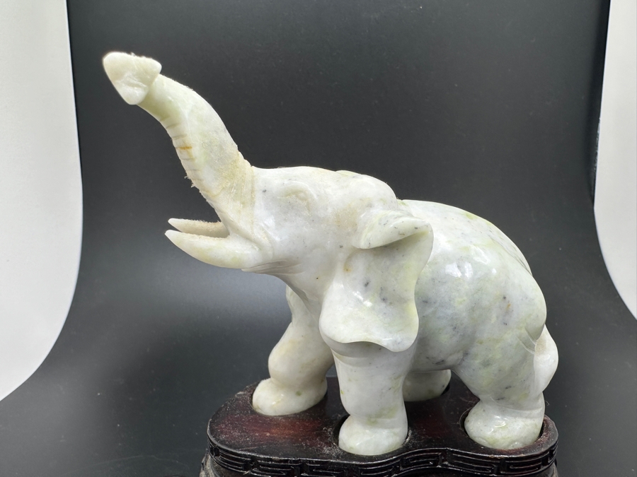 Vintage Chinese Carved Stone Elephant Figurine On Custom Wooden Base 4.5H [Photo 2]