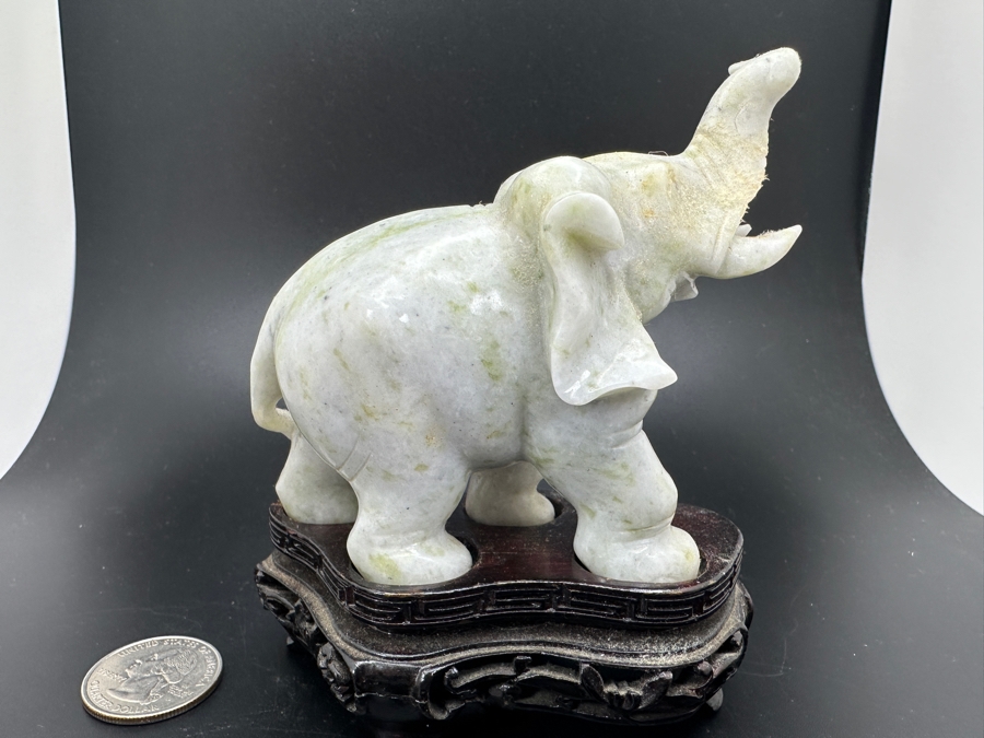 Vintage Chinese Carved Stone Elephant Figurine On Custom Wooden Base 4.5H [Photo 4]