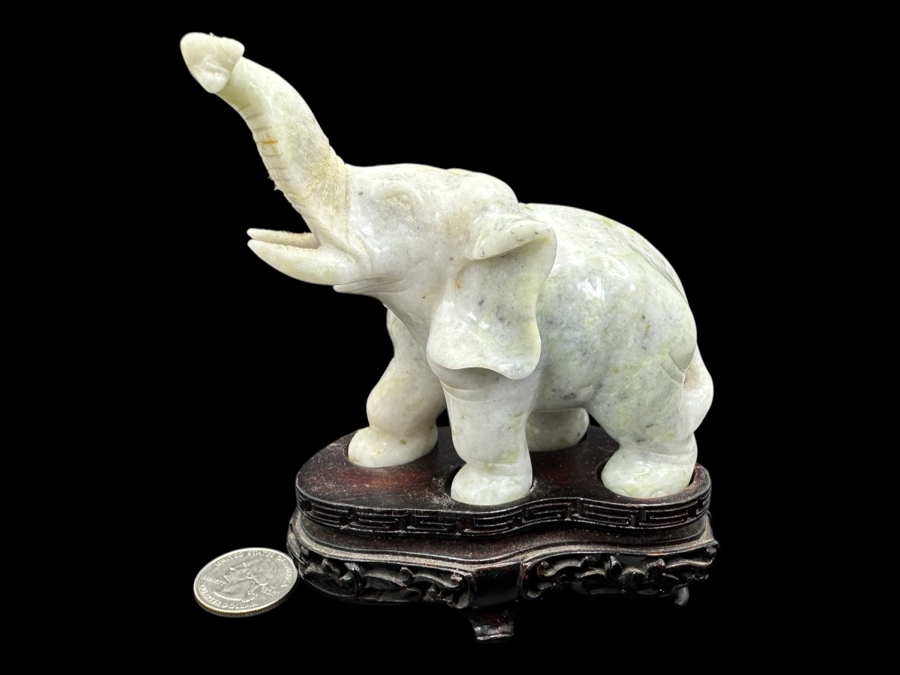 Vintage Chinese Carved Stone Elephant Figurine On Custom Wooden Base 4.5H [Photo 1]