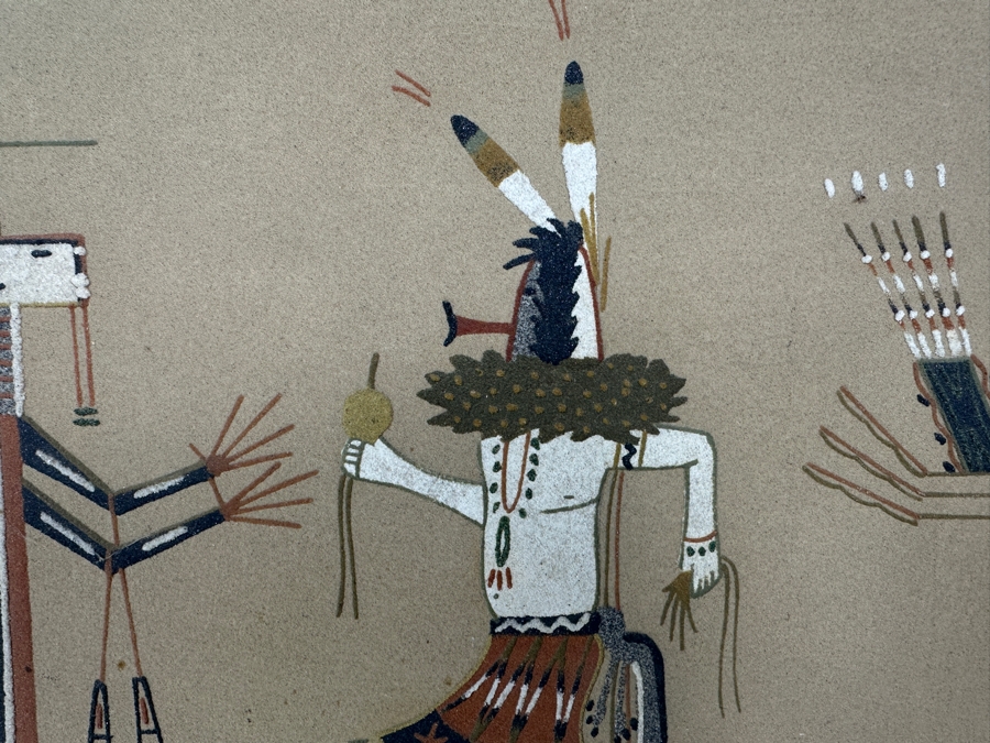 Vintage Native American Sand Painting Signed On Verso 13 X 13 [Photo 3]