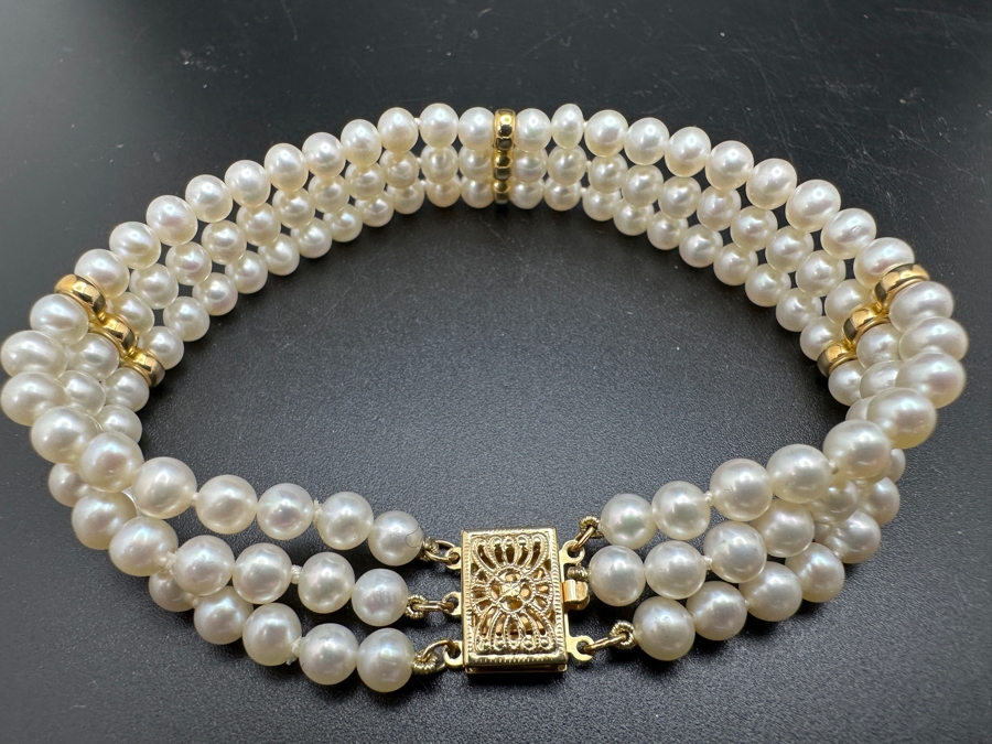 14K Gold Spacers / Pearl 7' Bracelet With 14K Gold Clasp 14.4g [Photo 6]