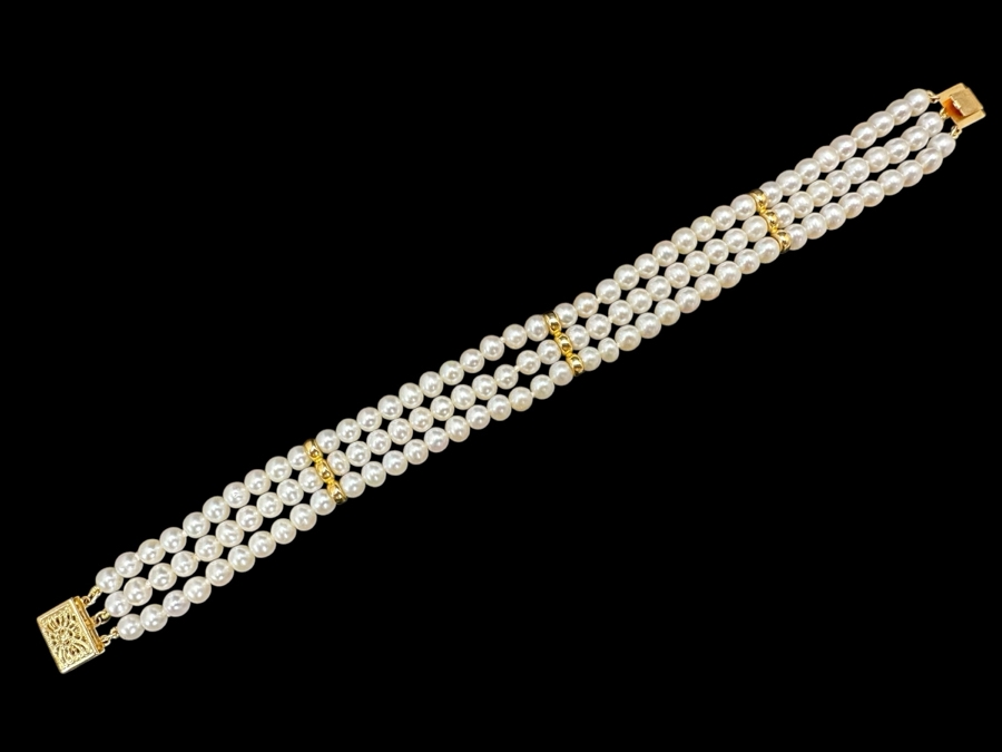 14K Gold Spacers / Pearl 7' Bracelet With 14K Gold Clasp 14.4g [Photo 2]