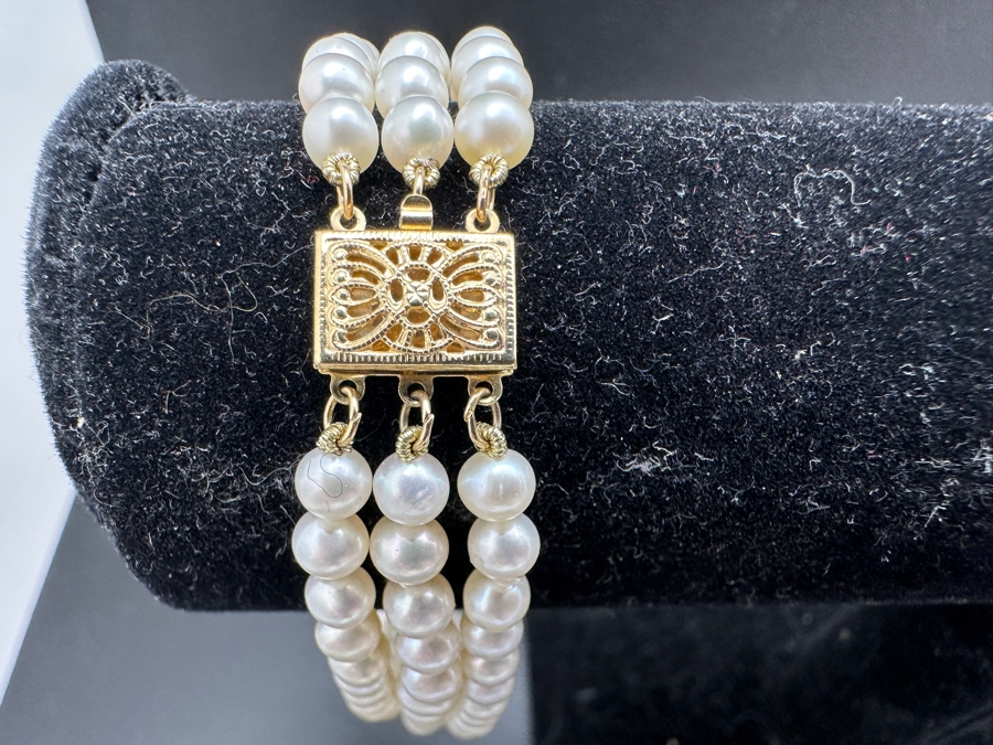 14K Gold Spacers / Pearl 7' Bracelet With 14K Gold Clasp 14.4g [Photo 4]