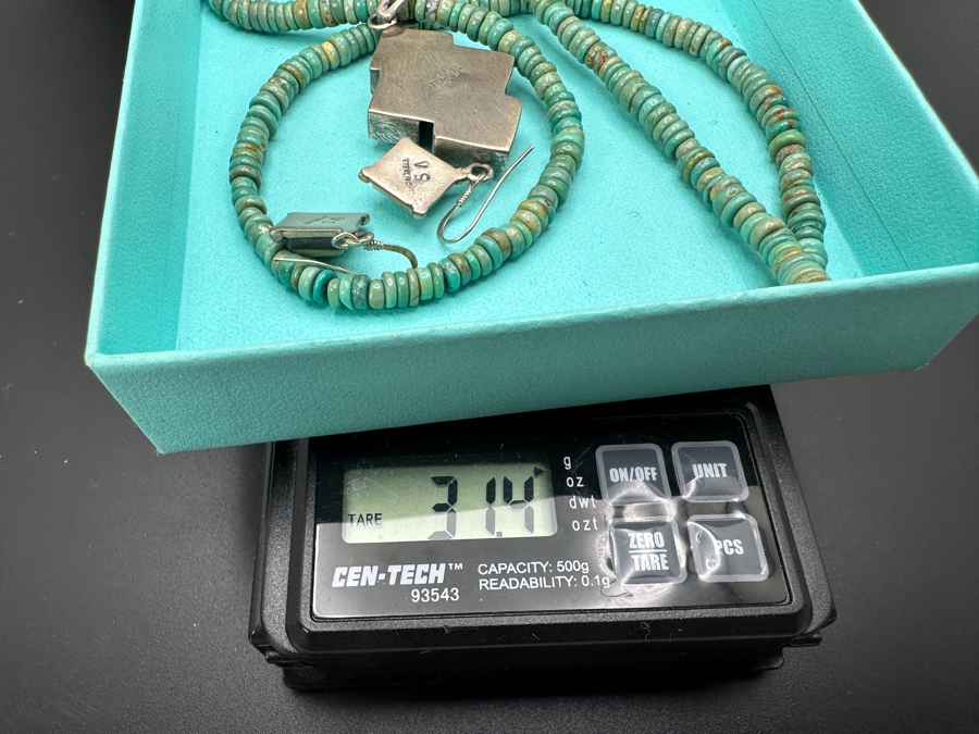 Native American Navajo Sterling Silver Turquoise Pendant Signed T. Skeets With 20' Turquoise Bead Necklace Along With Matching Earrings 31.4g [Photo 9]