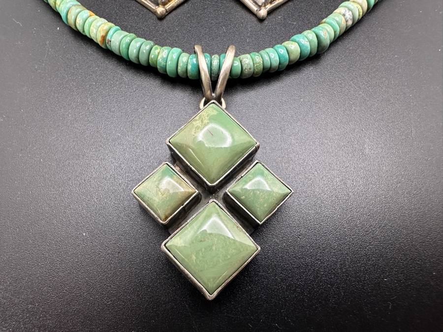 Native American Navajo Sterling Silver Turquoise Pendant Signed T. Skeets With 20' Turquoise Bead Necklace Along With Matching Earrings 31.4g [Photo 4]