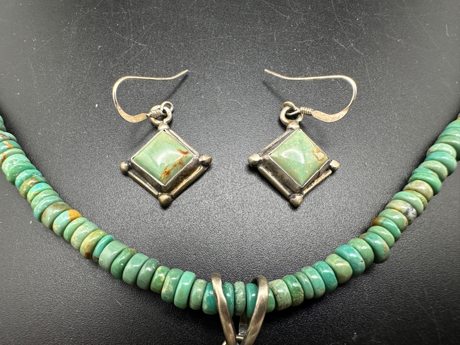 Native American Navajo Sterling Silver Turquoise Pendant Signed T. Skeets With 20' Turquoise Bead Necklace Along With Matching Earrings 31.4g [Photo 5]
