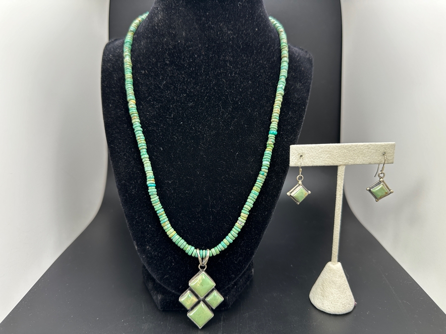 Native American Navajo Sterling Silver Turquoise Pendant Signed T. Skeets With 20' Turquoise Bead Necklace Along With Matching Earrings 31.4g [Photo 3]