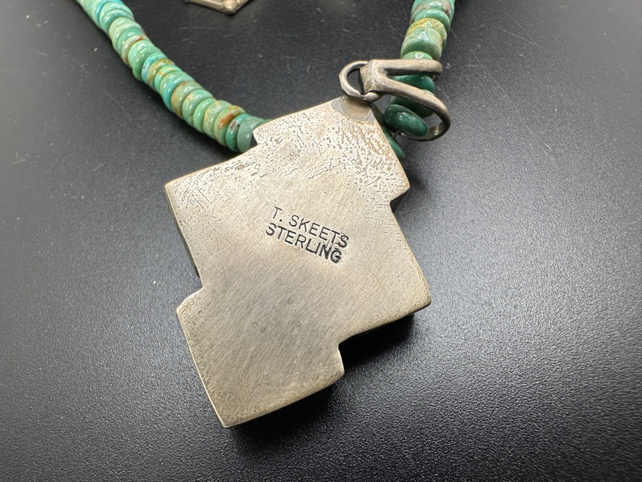 Native American Navajo Sterling Silver Turquoise Pendant Signed T. Skeets With 20' Turquoise Bead Necklace Along With Matching Earrings 31.4g [Photo 6]