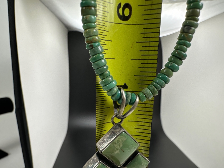 Native American Navajo Sterling Silver Turquoise Pendant Signed T. Skeets With 20' Turquoise Bead Necklace Along With Matching Earrings 31.4g [Photo 8]