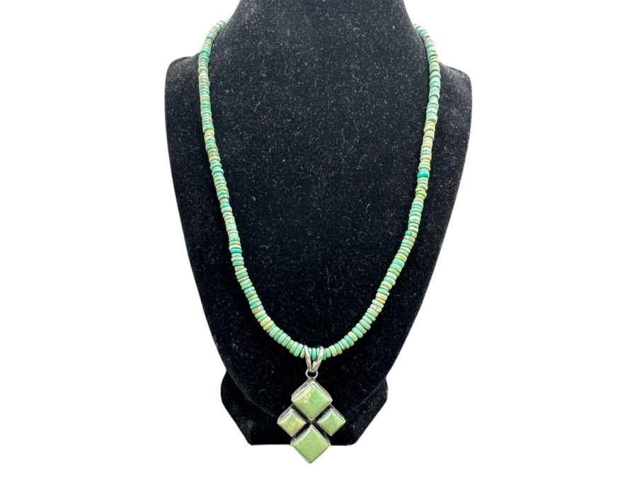 Native American Navajo Sterling Silver Turquoise Pendant Signed T. Skeets With 20' Turquoise Bead Necklace Along With Matching Earrings 31.4g [Photo 2]