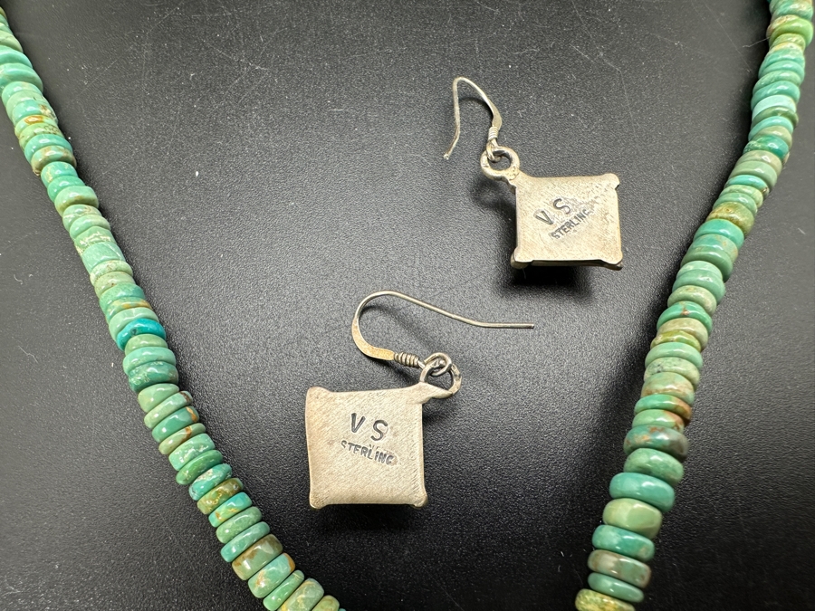 Native American Navajo Sterling Silver Turquoise Pendant Signed T. Skeets With 20' Turquoise Bead Necklace Along With Matching Earrings 31.4g [Photo 7]
