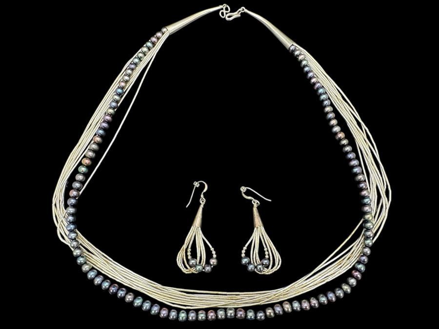 Multi-Strand Sterling Silver And Tahitian Pearl 24' Necklace With Matching Earrings 50g