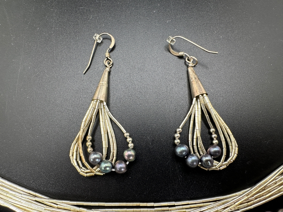 Multi-Strand Sterling Silver And Tahitian Pearl 24' Necklace With Matching Earrings 50g [Photo 3]