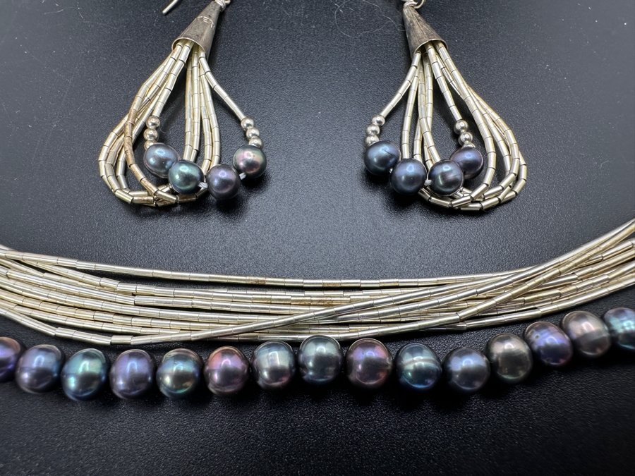 Multi-Strand Sterling Silver And Tahitian Pearl 24' Necklace With Matching Earrings 50g [Photo 2]