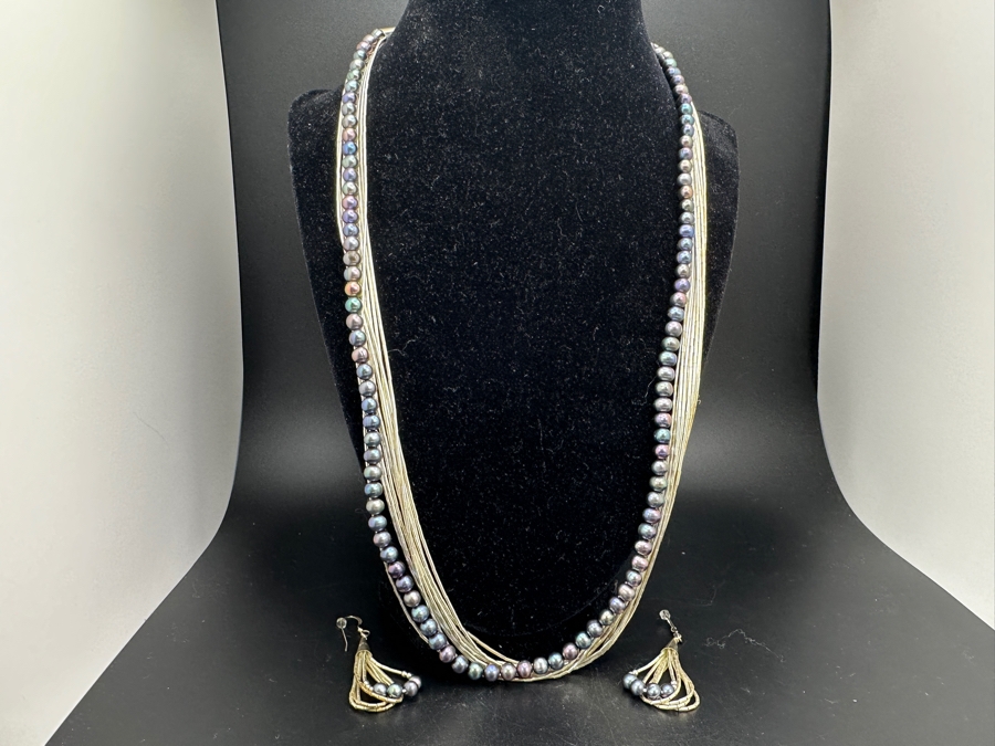 Multi-Strand Sterling Silver And Tahitian Pearl 24' Necklace With Matching Earrings 50g [Photo 4]