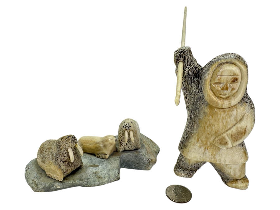 Pair Of Vintage Inuit Eskimo Carved Whalebone Figurines