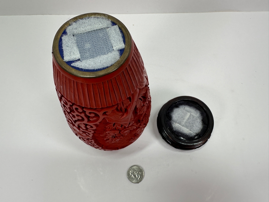 Vintage Chinese Cinnabar Lacquer Vase With Wooden Stand 7H [Photo 8]