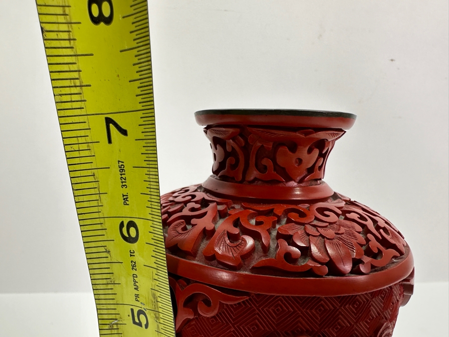 Vintage Chinese Cinnabar Lacquer Vase With Wooden Stand 7H [Photo 9]