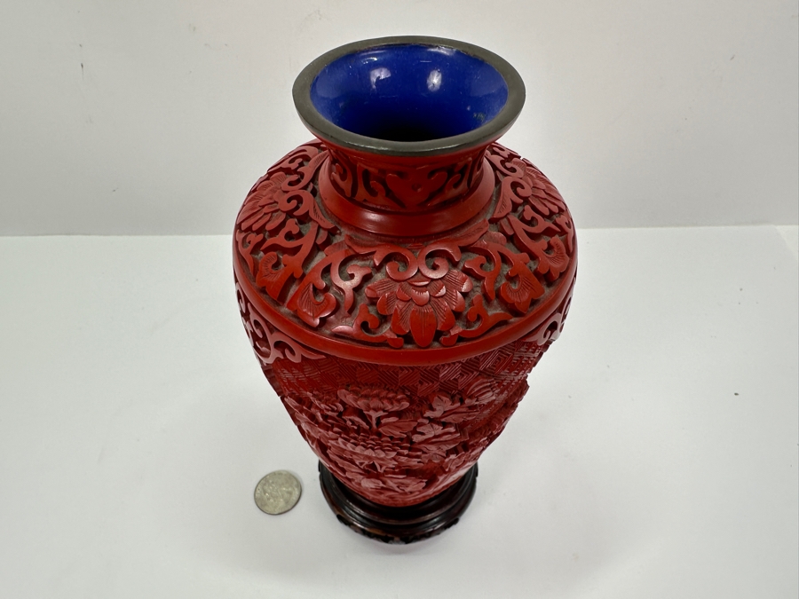 Vintage Chinese Cinnabar Lacquer Vase With Wooden Stand 7H [Photo 2]