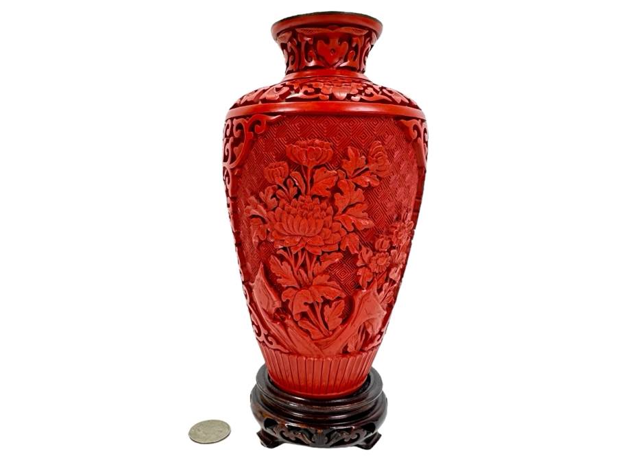 Vintage Chinese Cinnabar Lacquer Vase With Wooden Stand 7H [Photo 1]