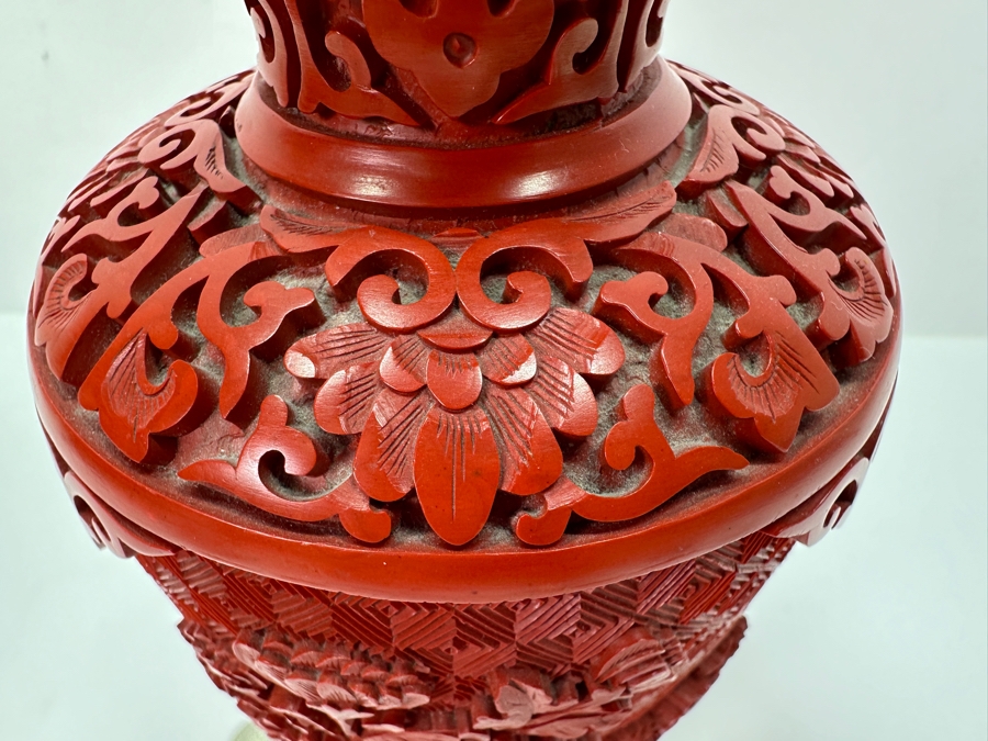 Vintage Chinese Cinnabar Lacquer Vase With Wooden Stand 7H [Photo 3]