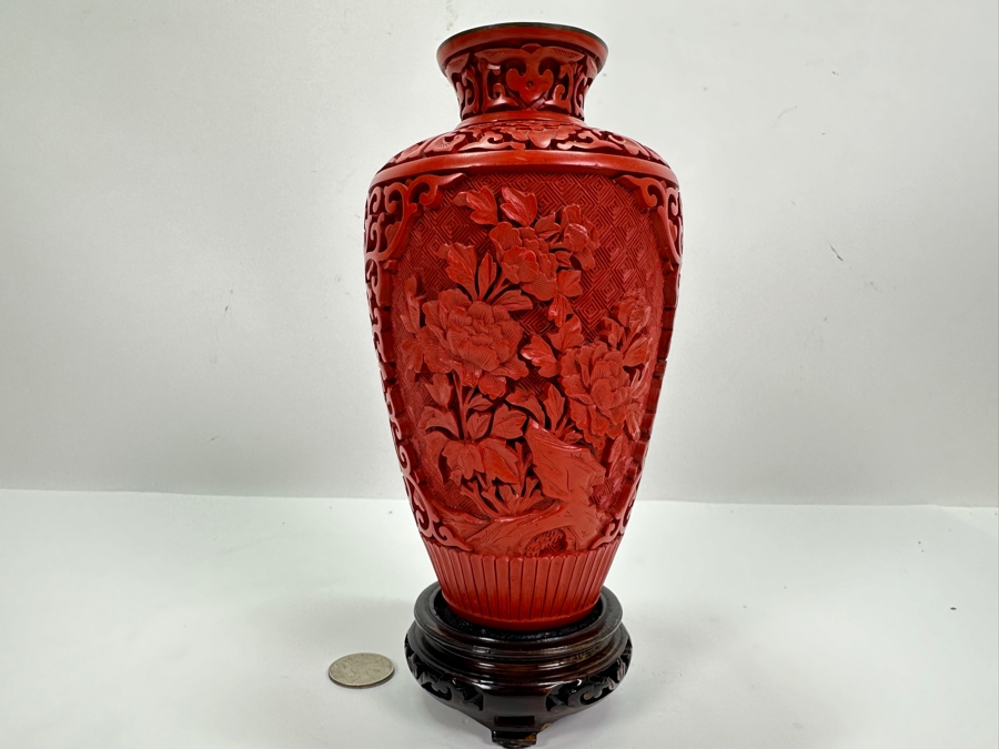 Vintage Chinese Cinnabar Lacquer Vase With Wooden Stand 7H [Photo 6]