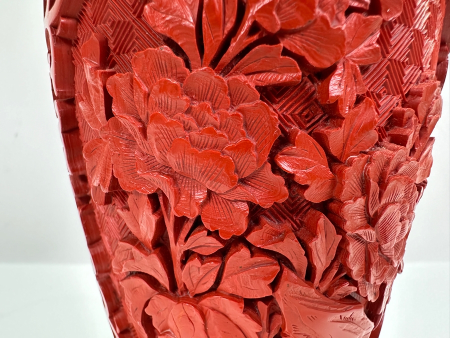 Vintage Chinese Cinnabar Lacquer Vase With Wooden Stand 7H [Photo 7]