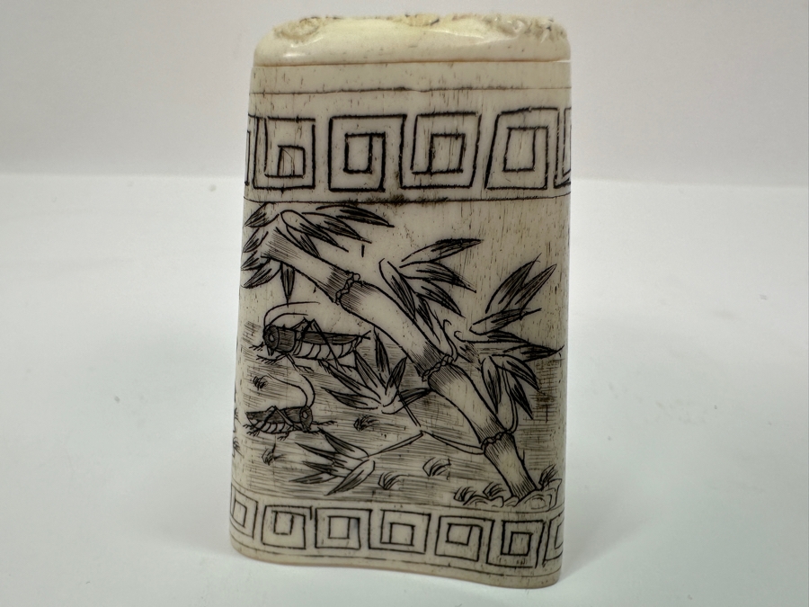 Vintage Asian Carved Bone Scrimshaw Cricket Cage With Hinged Lid 2.25H [Photo 4]