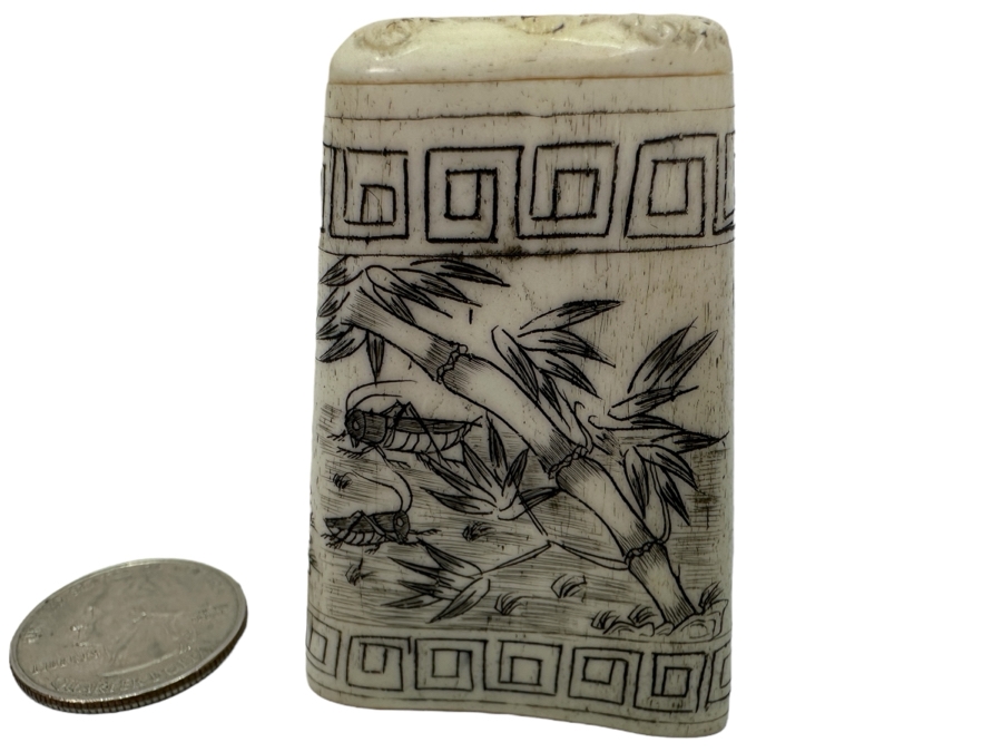 Vintage Asian Carved Bone Scrimshaw Cricket Cage With Hinged Lid 2.25H [Photo 2]