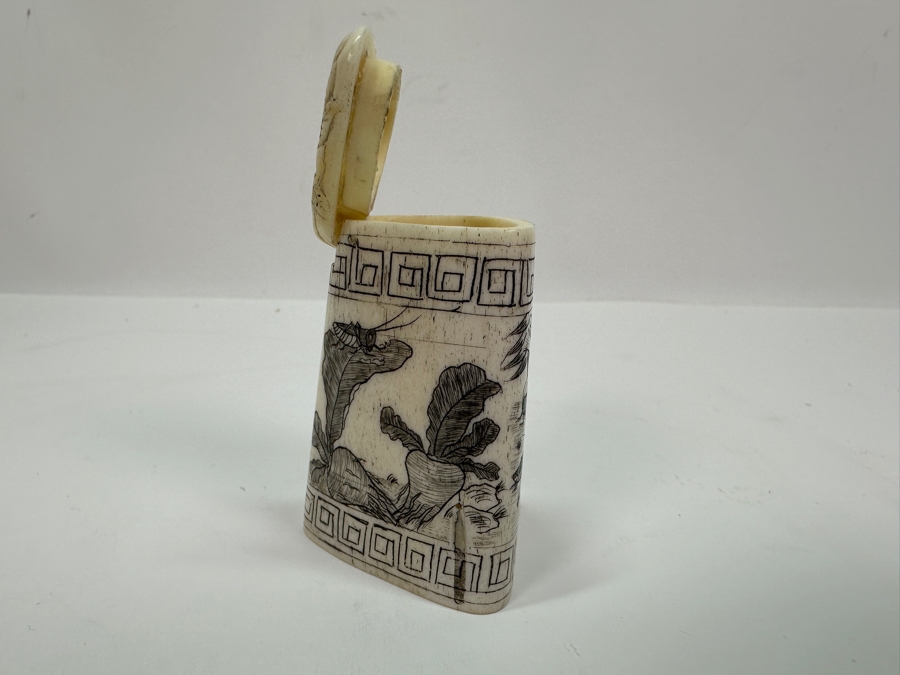 Vintage Asian Carved Bone Scrimshaw Cricket Cage With Hinged Lid 2.25H [Photo 6]
