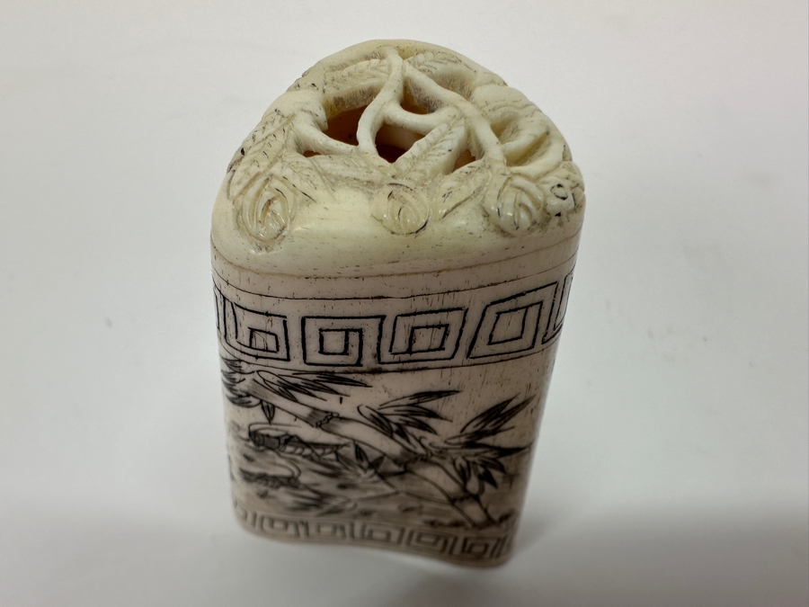 Vintage Asian Carved Bone Scrimshaw Cricket Cage With Hinged Lid 2.25H [Photo 3]