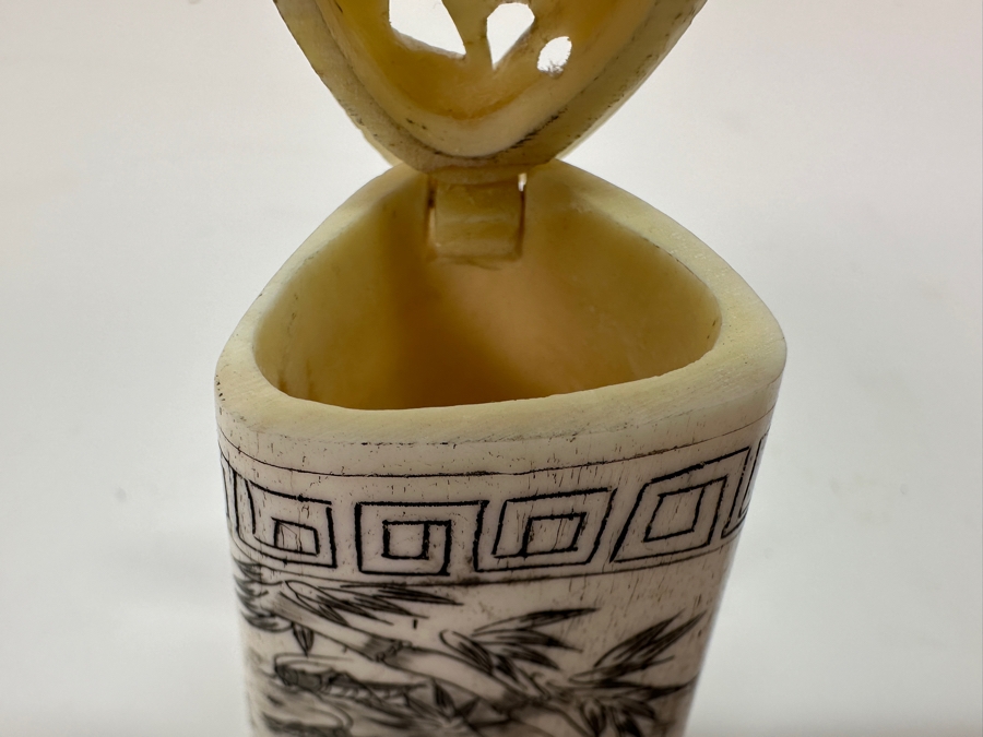 Vintage Asian Carved Bone Scrimshaw Cricket Cage With Hinged Lid 2.25H [Photo 5]