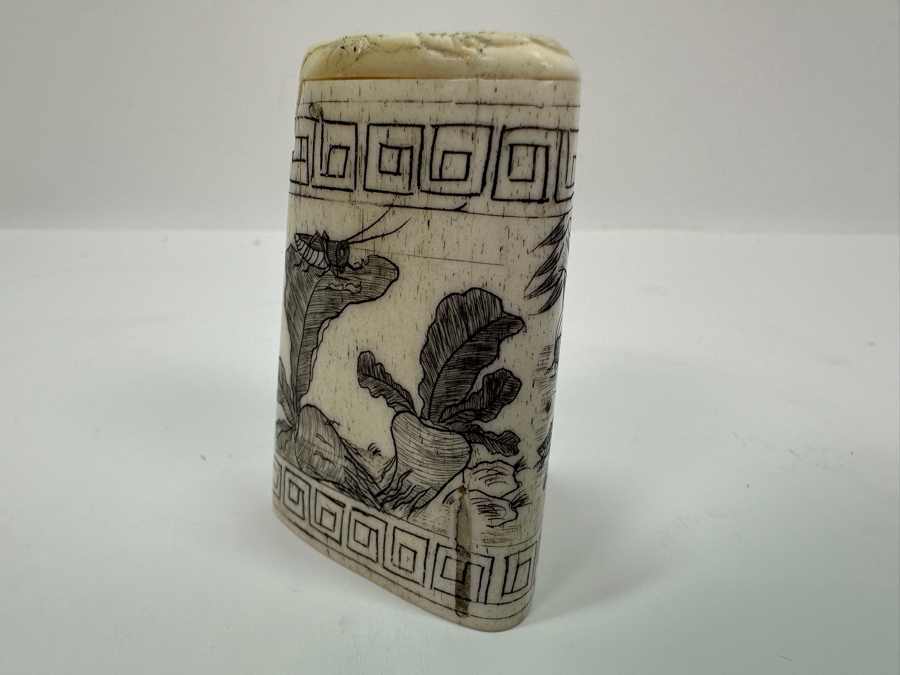 Vintage Asian Carved Bone Scrimshaw Cricket Cage With Hinged Lid 2.25H [Photo 7]