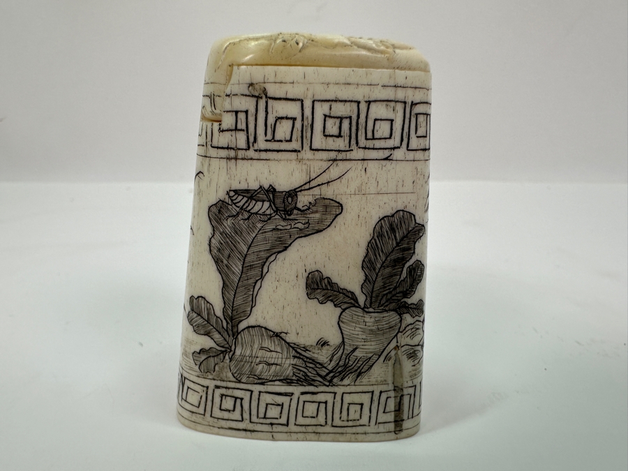 Vintage Asian Carved Bone Scrimshaw Cricket Cage With Hinged Lid 2.25H [Photo 8]
