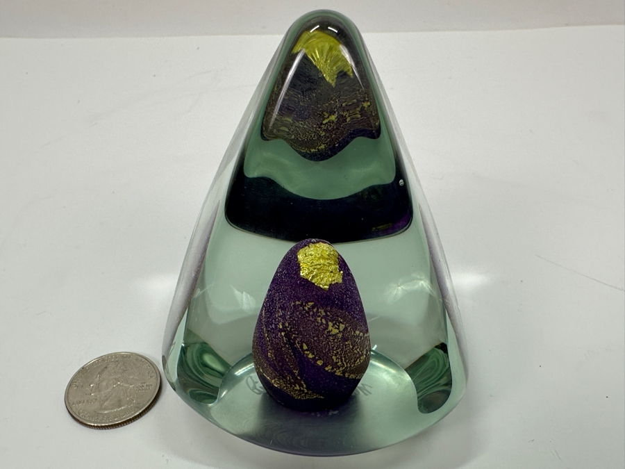 Signed Michael J Reid 24K Gold Art Glass Paperweight 1995 3.5H [Photo 3]