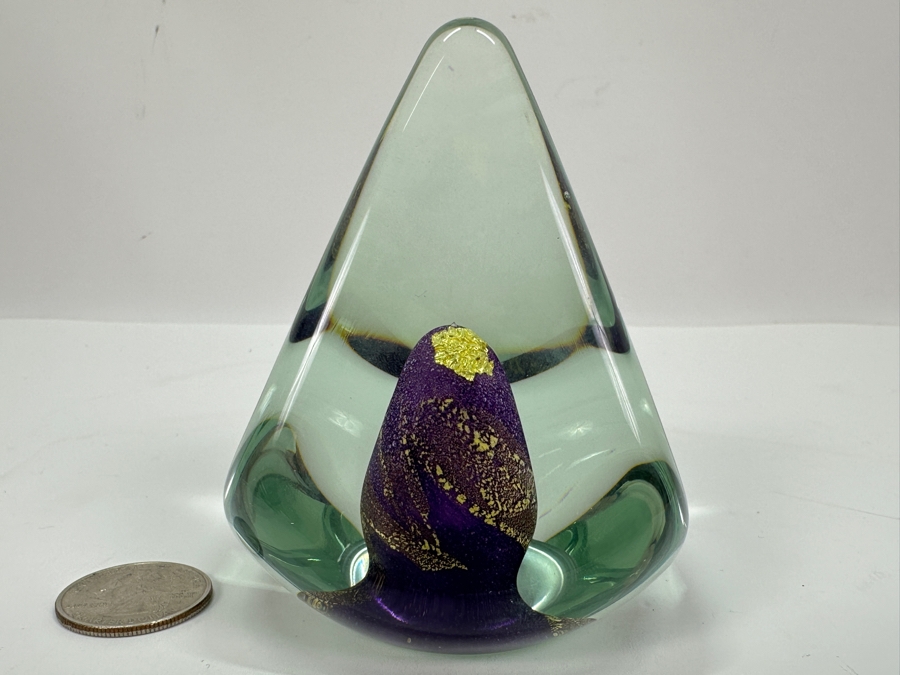 Signed Michael J Reid 24K Gold Art Glass Paperweight 1995 3.5H [Photo 2]
